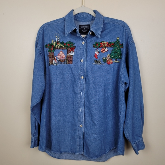 Vintage Christmas Button Down Jean Shirt size L - Picture 1 of 5